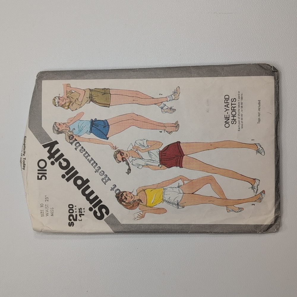 Vintage 1981 Simplicity Pattern 5110 Misses One Yard Shorts. Size 10 Waist 25"